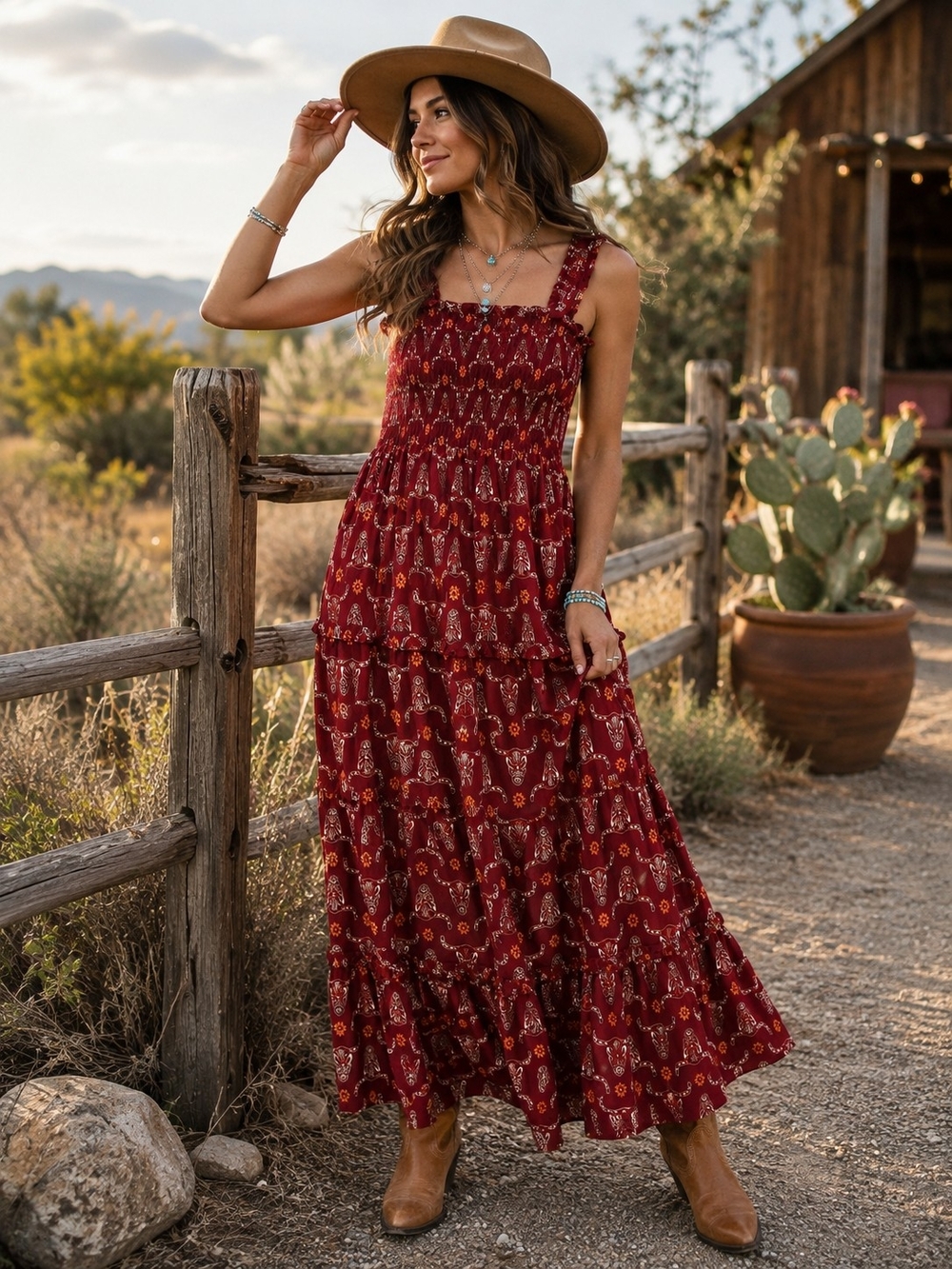 Cotton & Rye Outfitters Western Bull Print Smocked Maxi Dress XL NWT